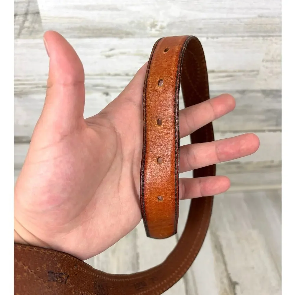 Vintage Handmade Unisex L Brown Leather Western Belt Brass Buckle 35 Inch
